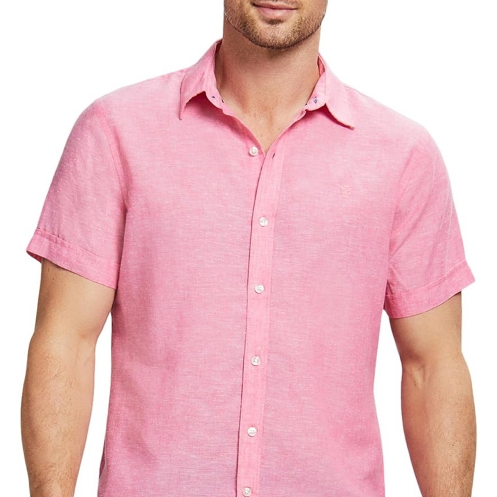 L Report Collection Men Casual Linen Shirt Short Sleeve Button Down Summer Beach